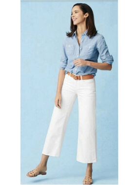 J. McLaughlin White Mid Rise Cropped Wide Leg Raw Hem Jeans Women's Size 6